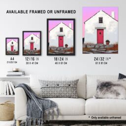 "Artery8 Scottish White Bothy Cottage With Red Front Door Wall Art Print in Pink - Size: W24"" x H32""" - thumbnail 3