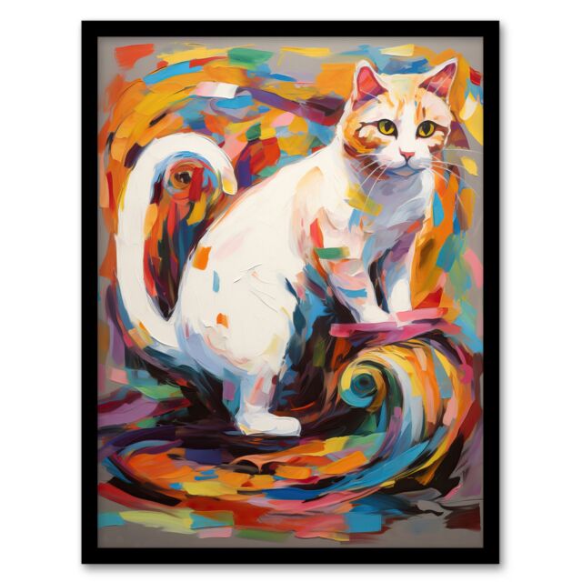 Artery8 Armchair Cat Portrait Painting Colourful White Artwork Framed Wall Art Print A4 in Black - image 1