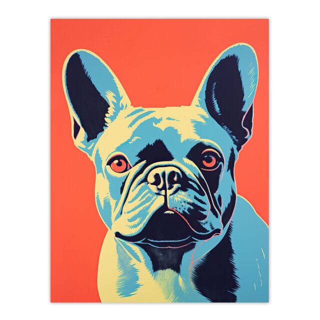 Artery8 French Bulldog Orange & Blue Bold Vibrant Screen Print Risograph Coral Teal Artwork Spot Block Colour Duotone Retro Riso Interior Design - image 1