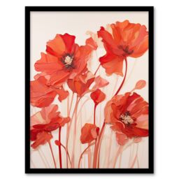 Artery8 Wall Art Print Simplicity in Poppies Thick Paste Oil Painting Framed in Red - Size: A4 - thumbnail 1