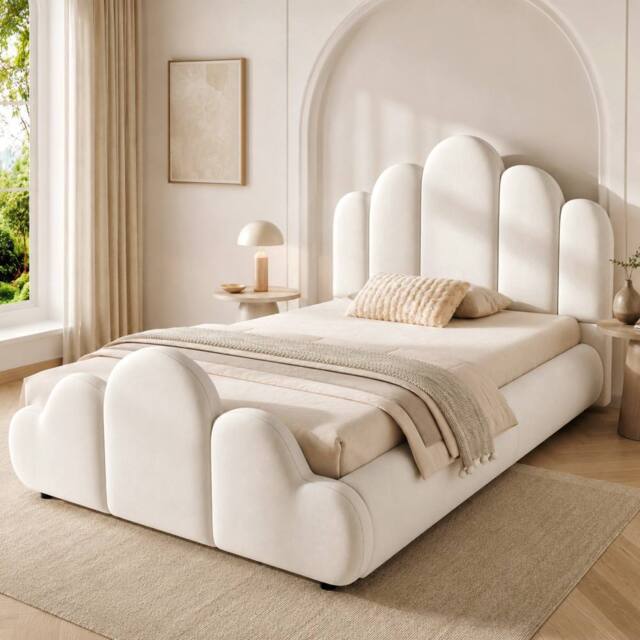 Matteo Beige Velvet Petal-Shaped 3FT Single Bed Frame with Padded Headboard - image 1