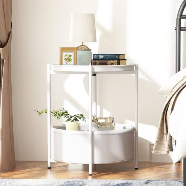 Huhote Fabric 2 Tier Round End Side Table With Storage Basket Nightstand in White - image 1