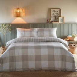 Portfolio Home Glenmore Check Brushed Cotton Striped Reversible Duvet Cover Set in Natural - Size: Super King - thumbnail 1