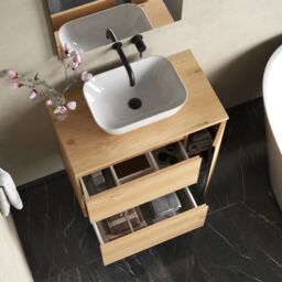 Banyetti Evora 800mm Wall Hung Vanity with Matching Worktop - Natural Oak in Light Brown - thumbnail 2