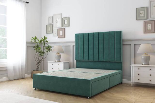 "Sloomy Kansas Plush Divan Bed Base 2 Drawers Foot-End With 26"" Strutted Headboard in Emerald - Size: Super King" - image 1