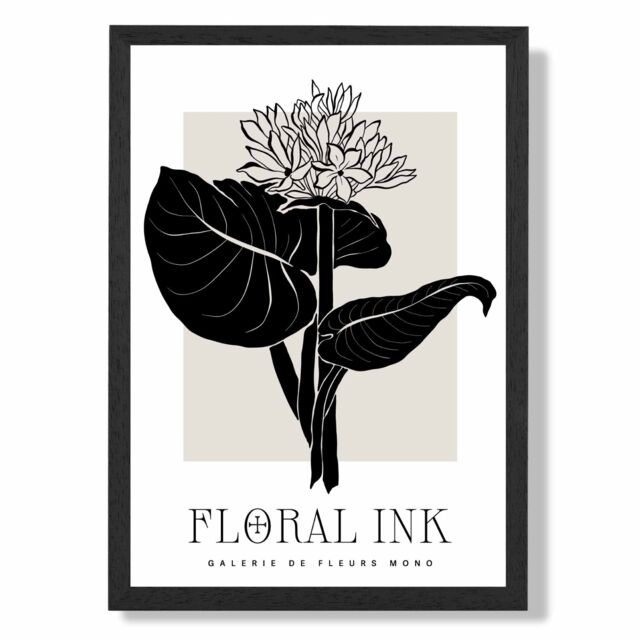 ARTZE Lotus Flower in Black & Beige Floral Ink Sketch Framed Print SIZE: A3 with Black Frame - Size: A4 - image 1