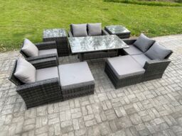 Fimous Garden Furniture Sets 9 Pieces Rattan Furniture Handmade Wicker Patio Sofa Set with 2 Big Footstool 2 Side Tables Dark Grey Mixed - thumbnail 2