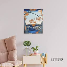 "Artery8 Maple Trees Japan Shrine Bridge Canvas Wall Art Print Hiroshige in Orange - Size: W24"" x H32""" - thumbnail 3