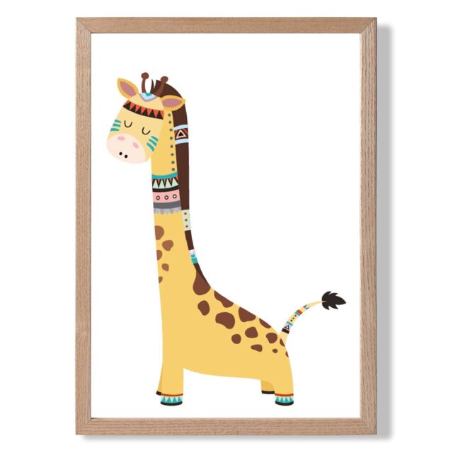 ARTZE Giraffe Tribal Animal Framed Print SIZE: A2 with Oak Frame in Brown - Size: A4 - image 1