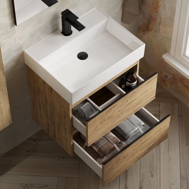 Banyetti Vatilla 600mm Wall Hung Vanity Unit with Veneto 1 Tap Hole Basin - Ostippo Oak in Light Oak - image 1