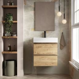 Banyetti Vatilla 600mm Wall Hung Vanity Unit with Veneto 1 Tap Hole Basin - Ostippo Oak in Light Oak - thumbnail 2