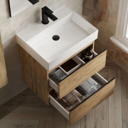 Banyetti Vatilla 600mm Wall Hung Vanity Unit with Veneto 1 Tap Hole Basin - Ostippo Oak in Light Oak