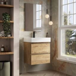 Banyetti Vatilla 600mm Wall Hung Vanity Unit with Veneto 1 Tap Hole Basin - Ostippo Oak in Light Oak - thumbnail 3