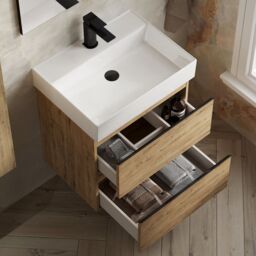 Banyetti Vatilla 600mm Wall Hung Vanity Unit with Veneto 1 Tap Hole Basin - Ostippo Oak in Light Oak - thumbnail 4