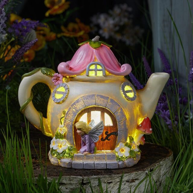 mysmartbuy Solar Powered Teapot Shaped Fairy House LED Light Up Garden Ornament - image 1
