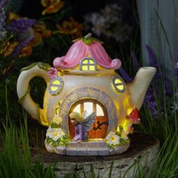 mysmartbuy Solar Powered Teapot Shaped Fairy House LED Light Up Garden Ornament - thumbnail 1