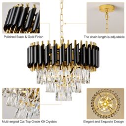 Harper Living Crystal Chandelier, Modern Pendant Light 3-Tier Crystals Black & Gold - thumbnail 6