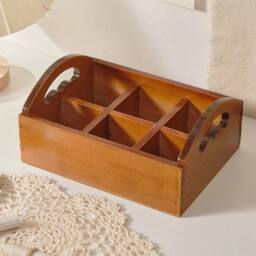 EONLION 6 Compartment Wooden Organizer Tray with Handle in Brown - Size: 500mm