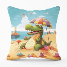 Warren Reed - Designer A Crocodile On A Beach Holiday Outdoor Cushion in Yellow - Size: 60 cm x 60 cm - thumbnail 1