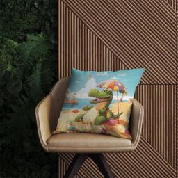 Warren Reed - Designer A Crocodile On A Beach Holiday Outdoor Cushion in Yellow - Size: 60 cm x 60 cm - thumbnail 2