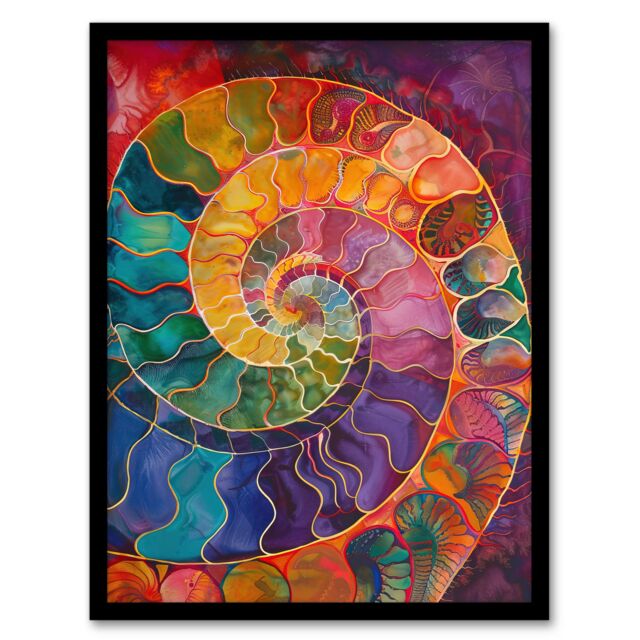 "Artery8 Ammonite Shell Fossil Rainbow Pattern Painting Framed Art Print - Size: W12"" x H16""" - image 1