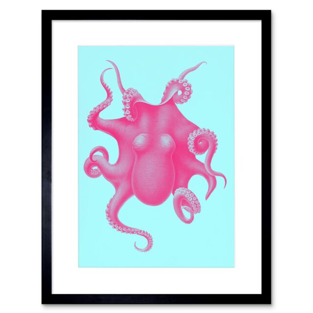 "Artery8 Wall Art Print Pink Octopus Vintage Art Framed 9x7 inch in Black - Size: W7"" x H9""" - image 1