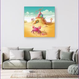 "Warren Reed - Designer Pink Crab On A Beach Holiday Canvas in Yellow - Size: W30"" x H30""" - thumbnail 4