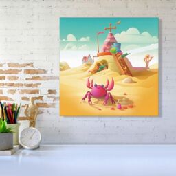 "Warren Reed - Designer Pink Crab On A Beach Holiday Canvas in Yellow - Size: W30"" x H30""" - thumbnail 2