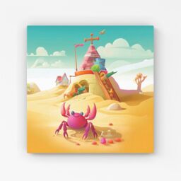 "Warren Reed - Designer Pink Crab On A Beach Holiday Canvas in Yellow - Size: W30"" x H30""" - thumbnail 1