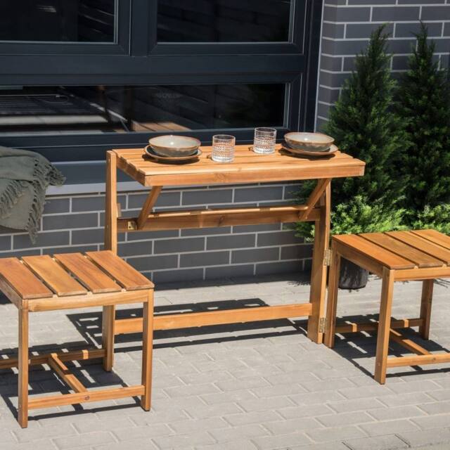 Wyld and Coco Convertible Garden Bench Bistro Set Folding Rustic Acacia Outdoor in Brown - image 1