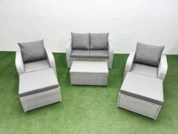Fimous Light Grey PE Wicker Rattan Garden Furniture Set Sofa Set Reclining Adjustable Chair Rectangular Coffee Table 6 Seater 2 Big Stools - thumbnail 2