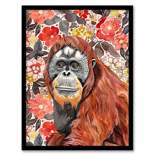 "Artery8 Orangutan with Red Blooming Flowers Watercolour Framed Wall Art - Size: W12"" x H16""" - image 1