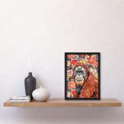 "Artery8 Orangutan with Red Blooming Flowers Watercolour Framed Wall Art - Size: W12"" x H16""" - thumbnail 4