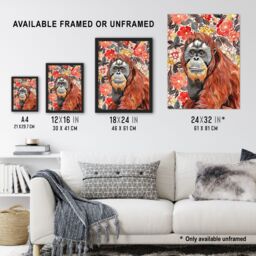 "Artery8 Orangutan with Red Blooming Flowers Watercolour Framed Wall Art - Size: W12"" x H16""" - thumbnail 3