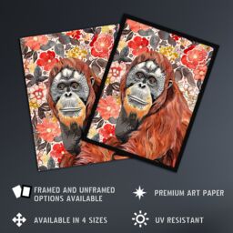 "Artery8 Orangutan with Red Blooming Flowers Watercolour Framed Wall Art - Size: W12"" x H16""" - thumbnail 2