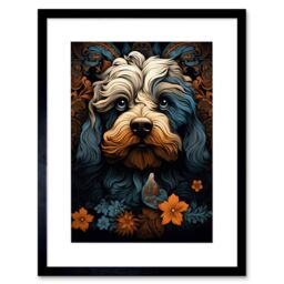 Artery8 Wall Art Print Cockapoo Dog with Flower Patterns Art Nouveau Artwork Orange Blue Floral Portrait Design Artwork Framed 9X7 Inch - thumbnail 1