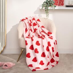 OHS Soft Heart Print Polar Fleece Throw in Red - Size: 120 cm x 150 cm
