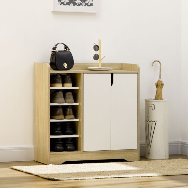 HOMCOM Shoe Storage Organizer with Double Door Cabinet Open Shelves in Natural - image 1