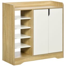 HOMCOM Shoe Storage Organizer with Double Door Cabinet Open Shelves in Natural - thumbnail 2