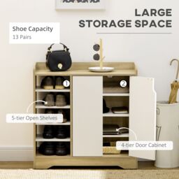 HOMCOM Shoe Storage Organizer with Double Door Cabinet Open Shelves in Natural - thumbnail 4
