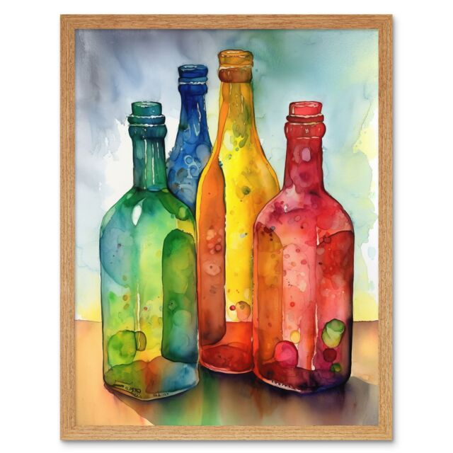 "Artery8 Wall Art Print Coloured Glass Cider Bottles Still Life Watercolour Painting Art Framed in Light Oak - Size: W12"" x H16""" - image 1