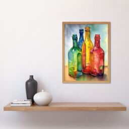 "Artery8 Wall Art Print Coloured Glass Cider Bottles Still Life Watercolour Painting Art Framed in Light Oak - Size: W12"" x H16""" - thumbnail 2