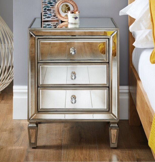 FurnitureboxUK Venice Contemporary 3 Drawer Silver Framed Mirrored Bedside TableWith Crystaline Shaped Handles - image 1
