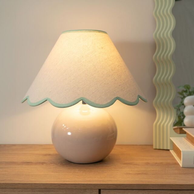 ValueLights Bosco Natural Stone Globe Ceramic Table Lamp with Linen Scalloped Lamp Shade in Green - image 1