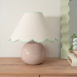 ValueLights Bosco Natural Stone Globe Ceramic Table Lamp with Linen Scalloped Lamp Shade in Green - thumbnail 2