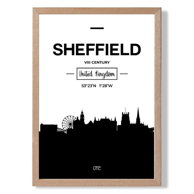 ARTZE Sheffield Black & White City Skyline Framed Print SIZE: A2 with Oak Frame - Size: A4 - image 1