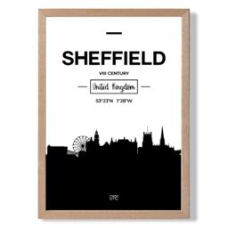 ARTZE Sheffield Black & White City Skyline Framed Print SIZE: A2 with Oak Frame - Size: A4