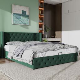 Matteo Luxury Green Velvet Upholstered Double Bed Frame - Hydraulic Ottoman Storage - 135x190cm - thumbnail 3