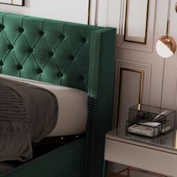 Matteo Luxury Green Velvet Upholstered Double Bed Frame - Hydraulic Ottoman Storage - 135x190cm - thumbnail 4