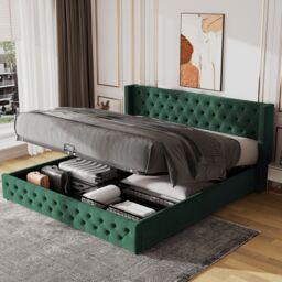 Matteo Luxury Green Velvet Upholstered Double Bed Frame - Hydraulic Ottoman Storage - 135x190cm